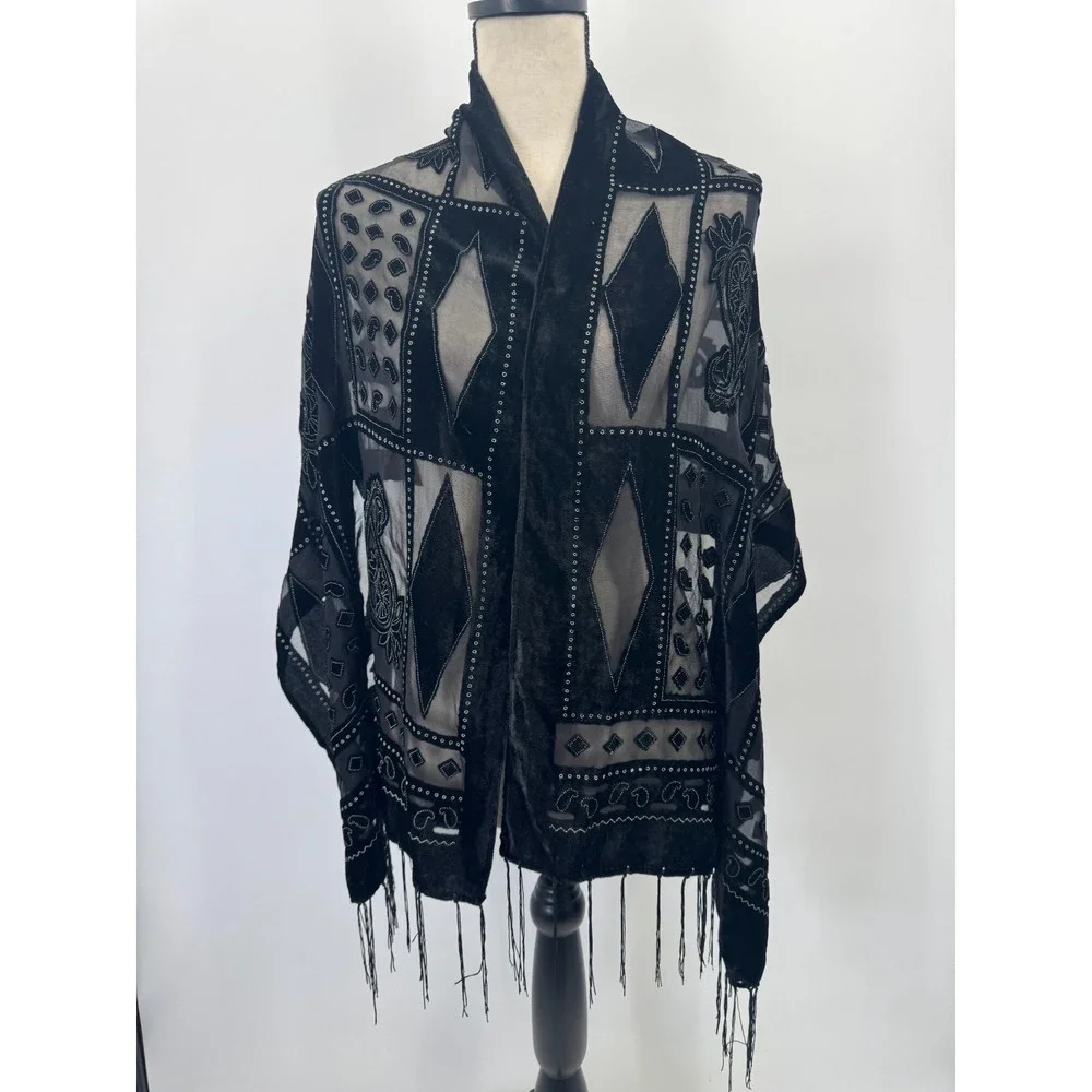 Whimsigoth Silk Velvet Burnout Scarf Shawl Wrap Dark Romantic Feminine Fringe